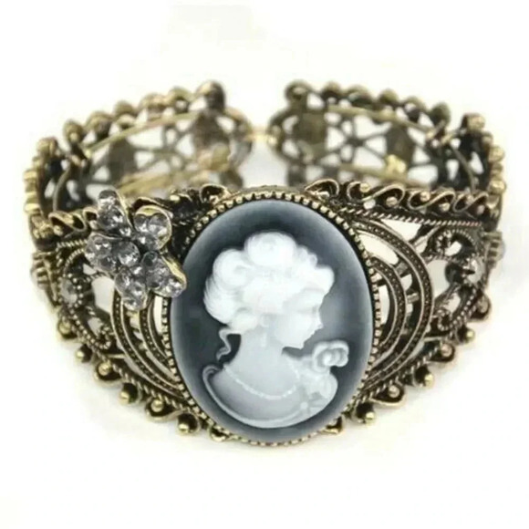 Victorian Steampunk Antiqued Brass Cameo Filigree Cuff Bracelet - Picture 1 of 7
